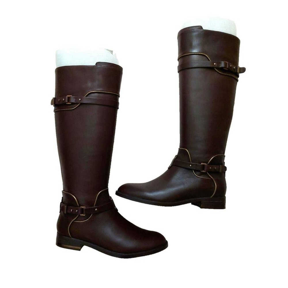 BCBGMAXAZARIA Brown Leather Riding Boots Gold Trim Detail Size 6